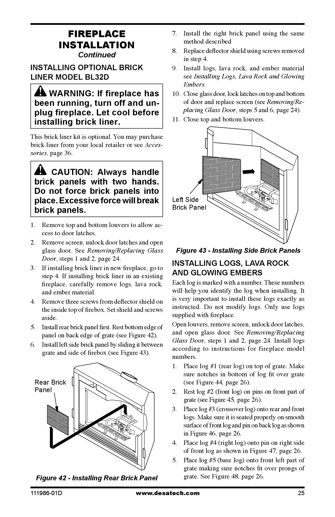 Desa (V)T32P SERIES Installing Optional Brick liner Model BL32D, Installing logs, lava rock and glowing embers 