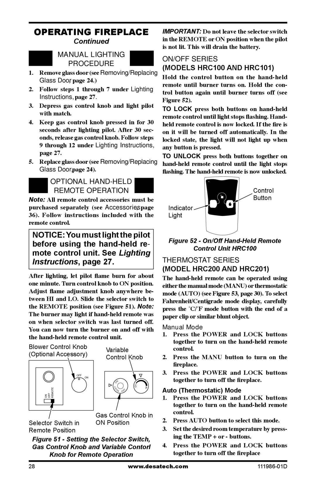 Desa (V)T32N SERIES, (V)T32P SERIES Manual Lighting Procedure, Optional Hand-Held, On/Off Series Models HRC100 and HRC101 