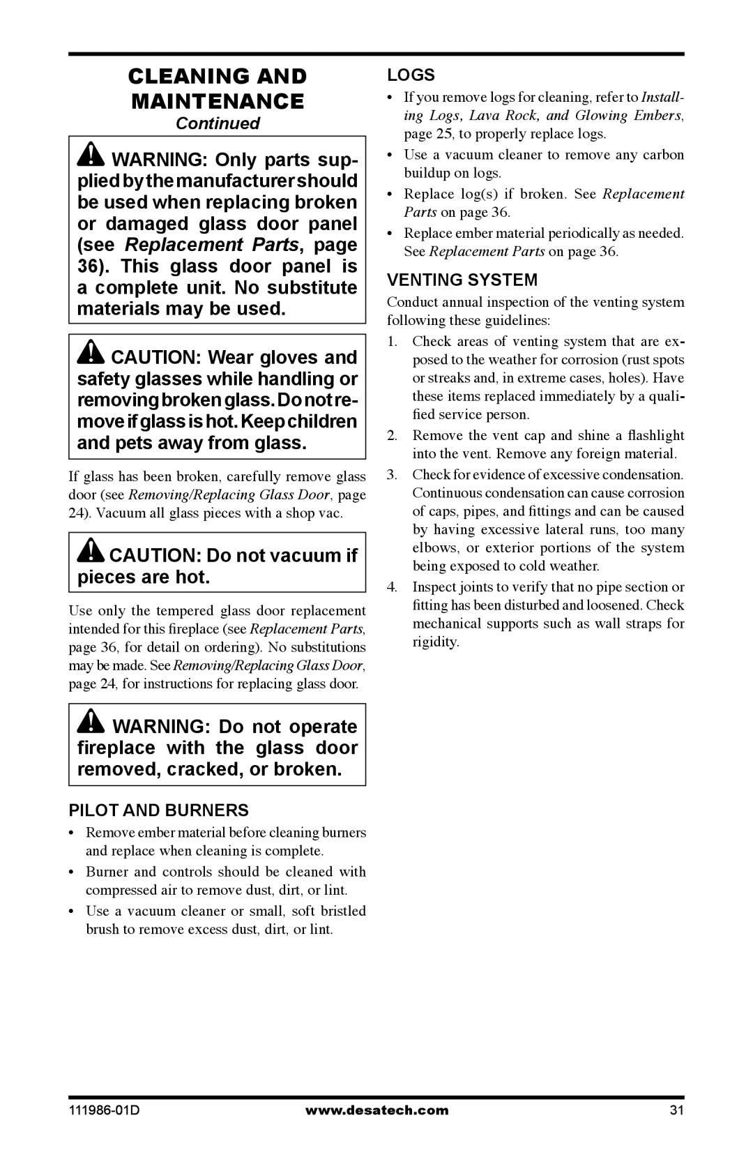 Desa (V)T32P SERIES, (V)T32N SERIES installation manual Pilot and burners, Logs, Venting system 