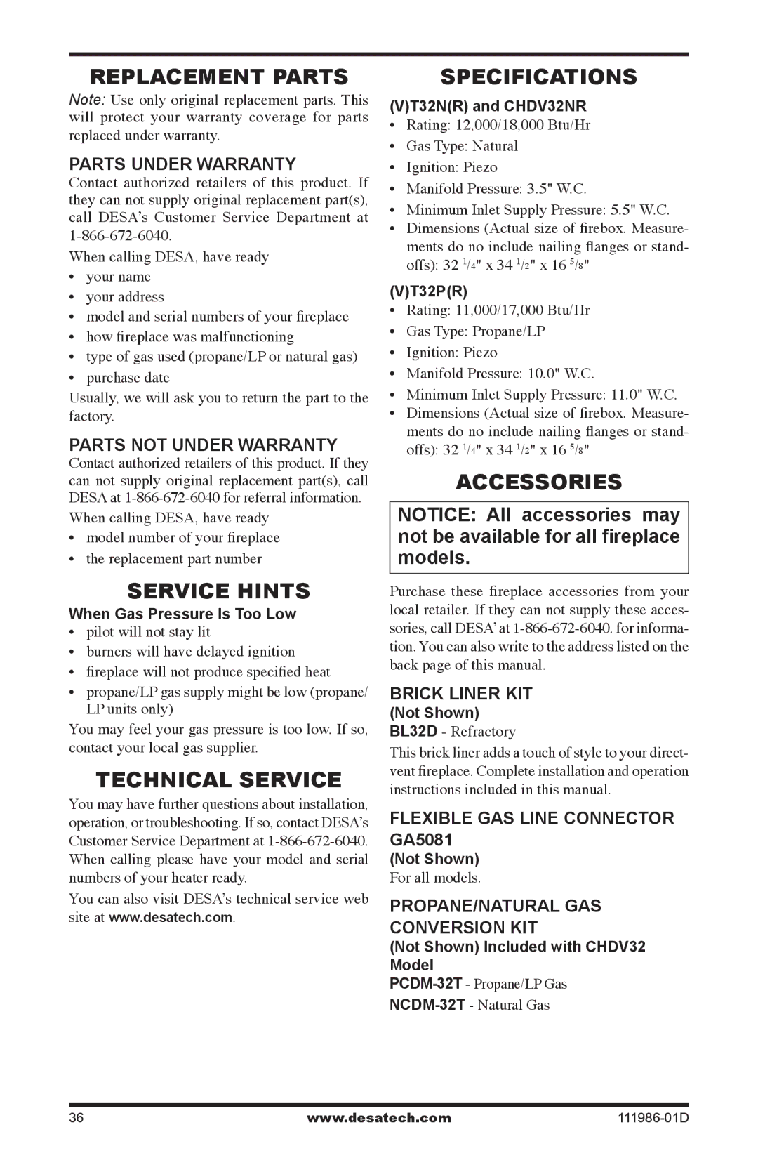 Desa (V)T32N SERIES, (V)T32P SERIES Replacement Parts, Service Hints, Technical Service, Specifications, Accessories 