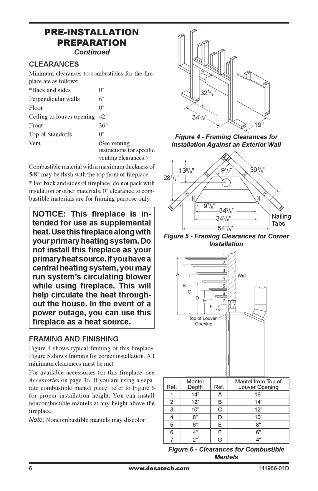 Desa (V)T32N SERIES Clearances, Framing and finishing, Front Top of Standoffs Vent See venting, Venting clearances 