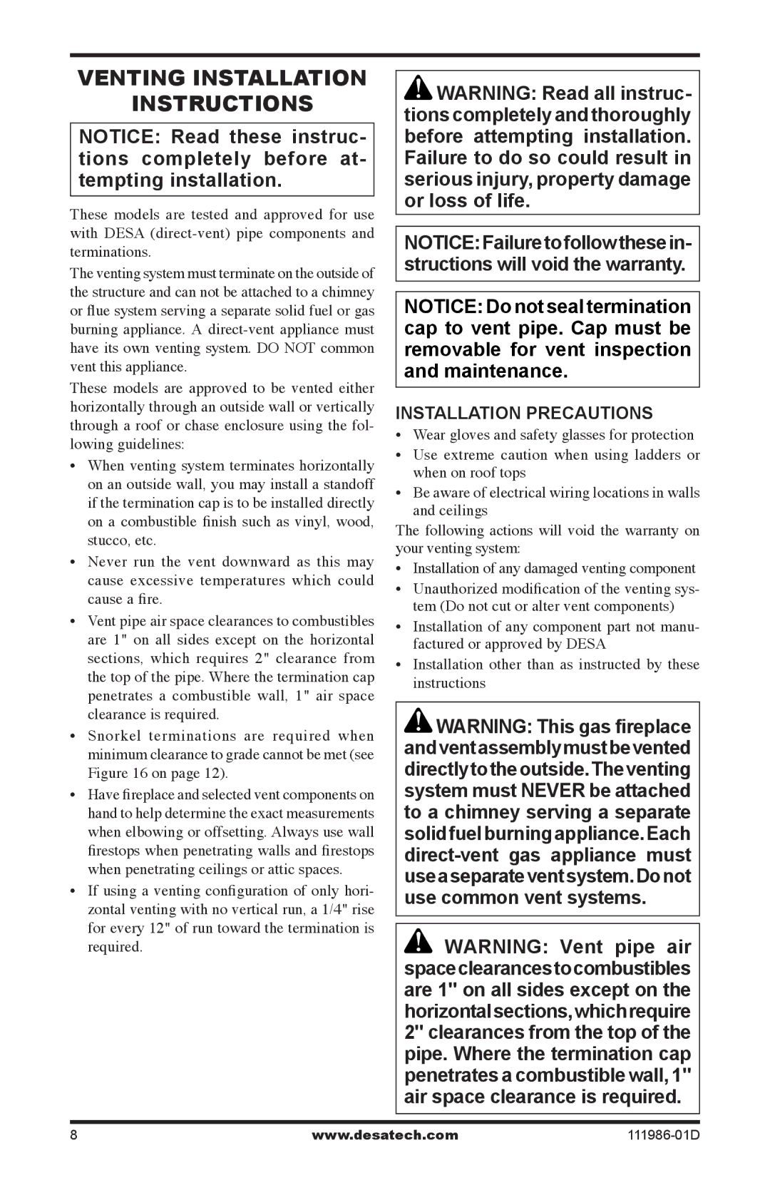 Desa (V)T32N SERIES, (V)T32P SERIES installation manual Venting Installation Instructions, Installation Precautions 