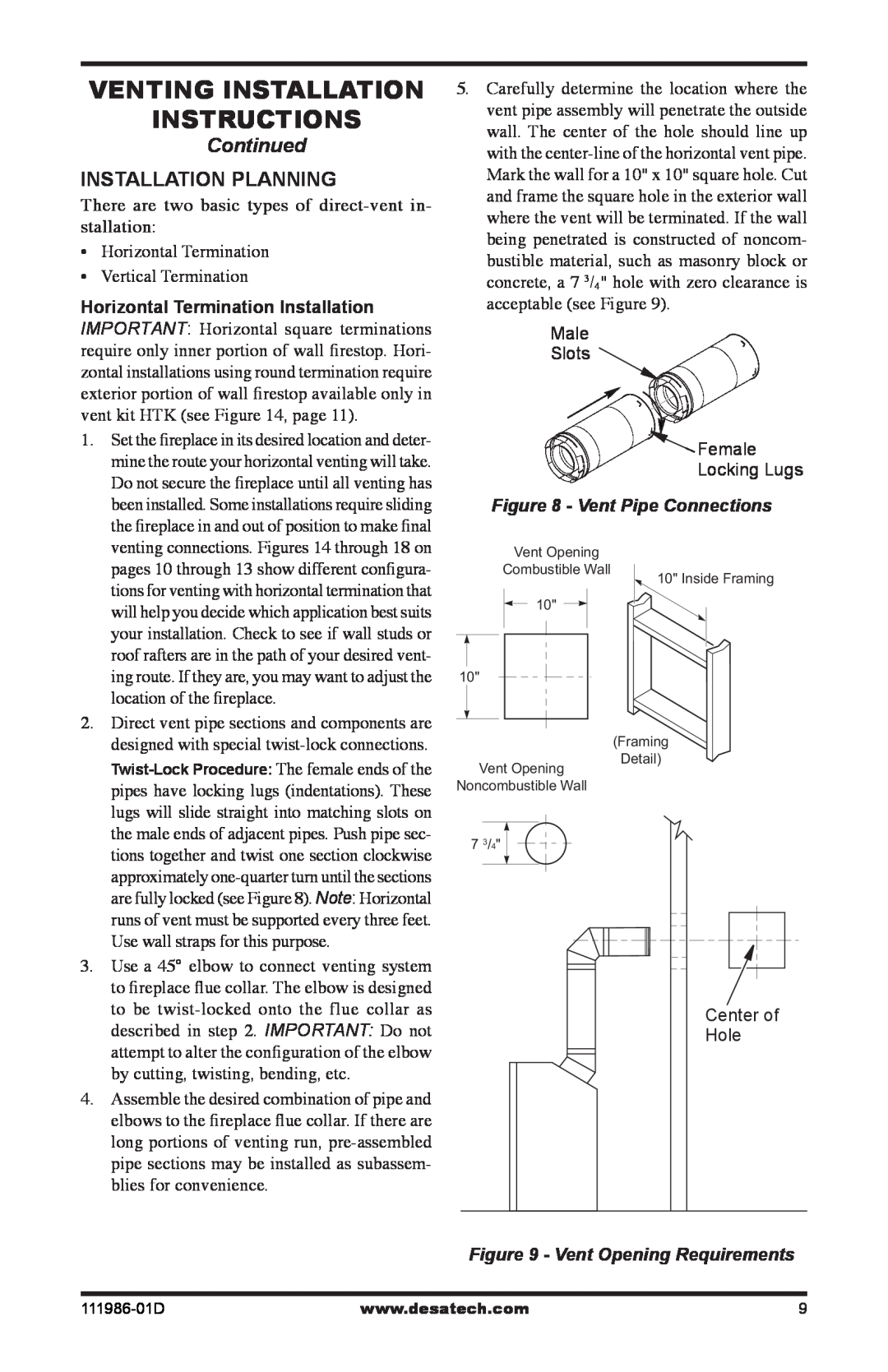 Desa (V)T32P SERIES Venting Installation instructions, Continued, Installation Planning, Vent Pipe Connections 