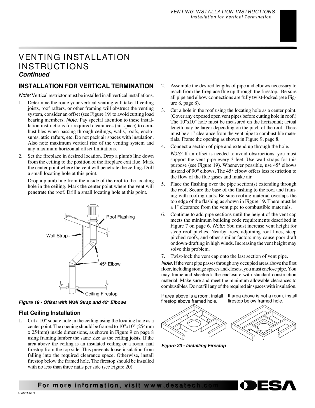 Desa (V)T36N SERIES, (V)T32N, CTDV36NR installation manual Installation for Vertical Termination, Flat Ceiling Installation 