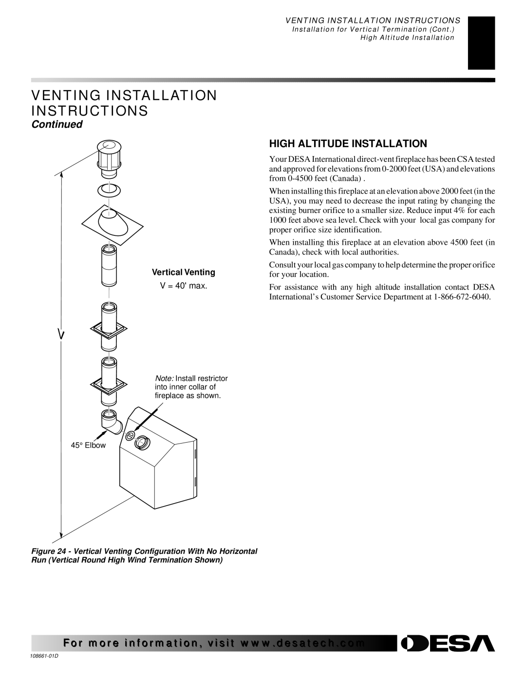 Desa (V)T32N, (V)T36N SERIES, CTDV36NR installation manual High Altitude Installation, Vertical Venting 