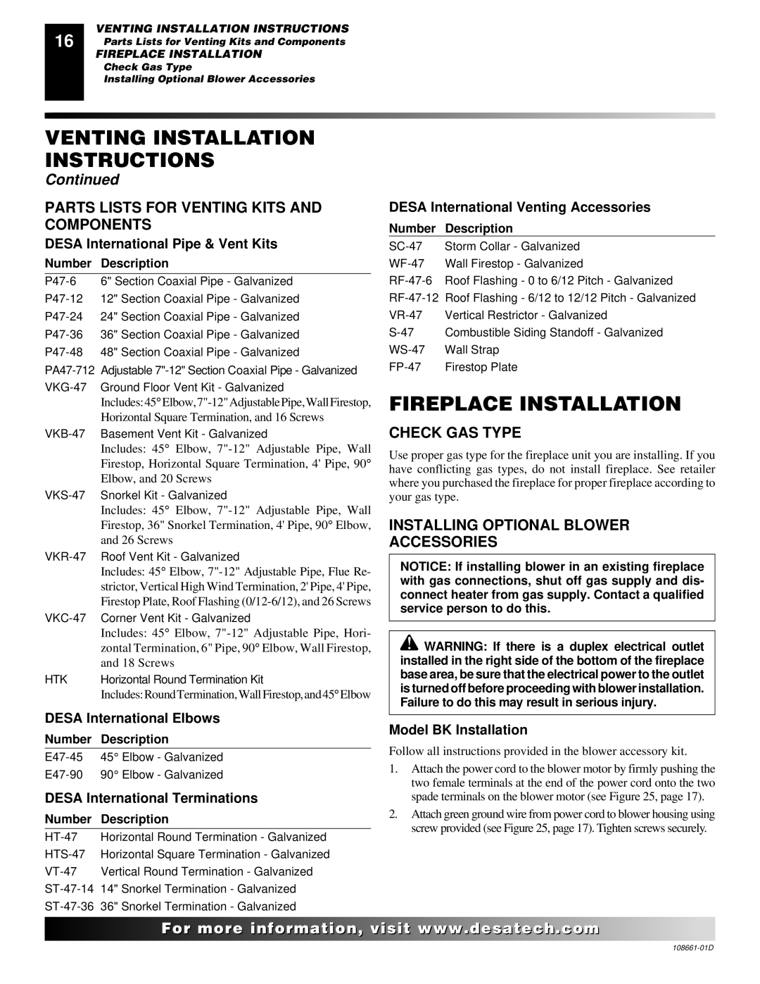 Desa (V)T36N SERIES, (V)T32N, CTDV36NR Fireplace Installation, Parts Lists for Venting Kits and Components, Check GAS Type 