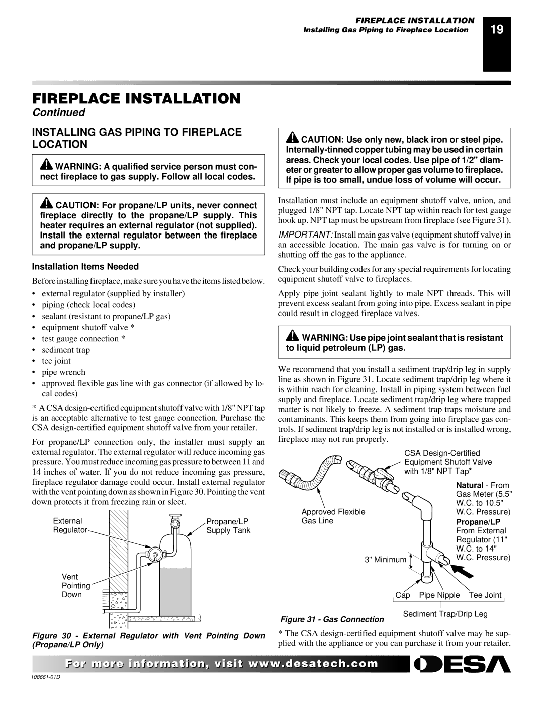 Desa (V)T36N SERIES, (V)T32N, CTDV36NR Installing GAS Piping to Fireplace Location, Installation Items Needed 