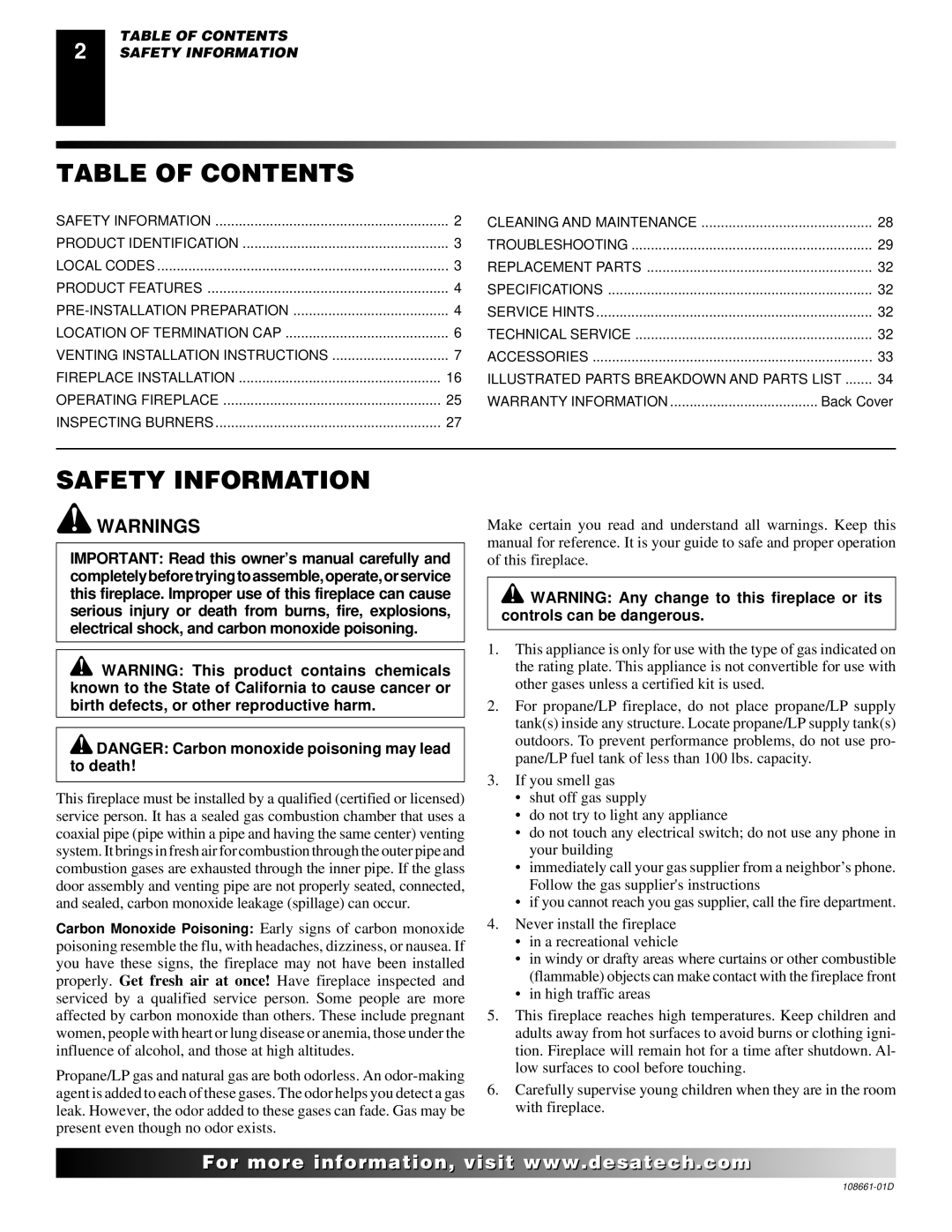 Desa CTDV36NR, (V)T32N, (V)T36N SERIES installation manual Table of Contents, Safety Information 