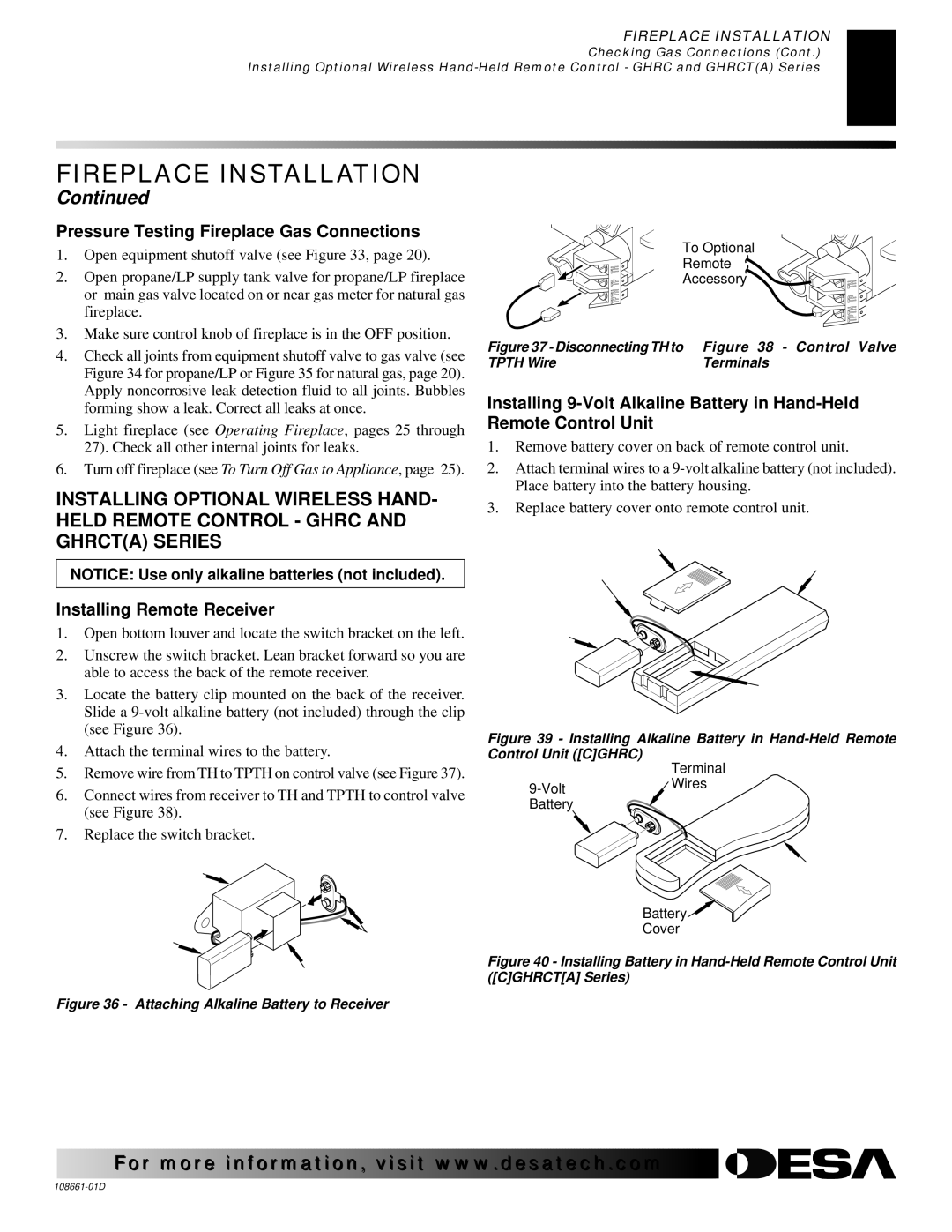 Desa (V)T32N, (V)T36N SERIES, CTDV36NR Pressure Testing Fireplace Gas Connections, Installing Remote Receiver 