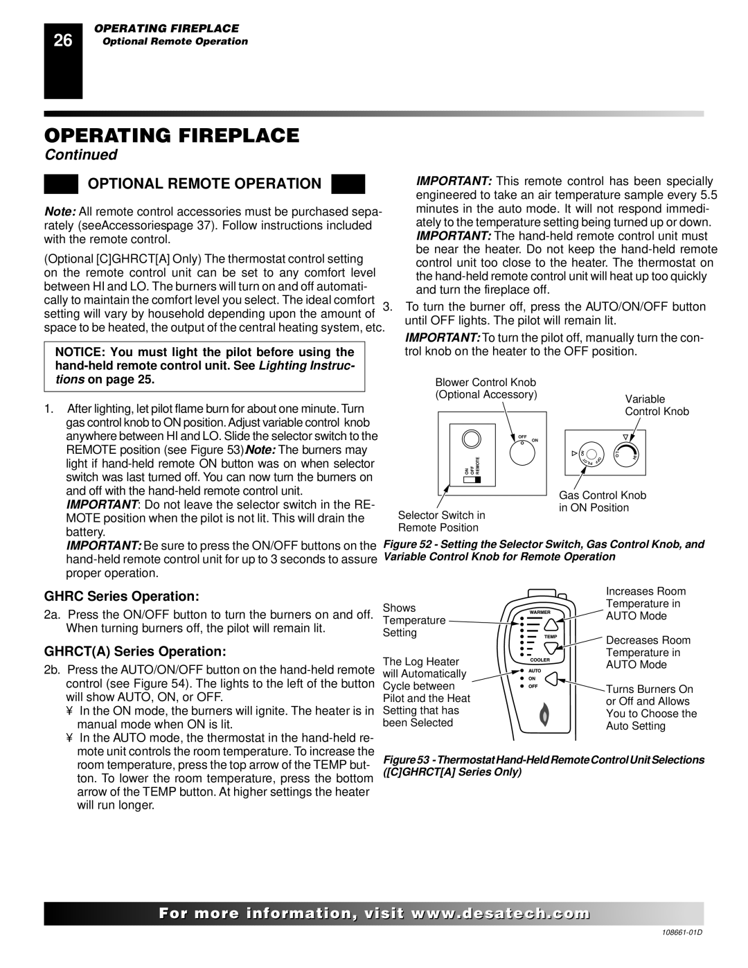 Desa CTDV36NR, (V)T32N, (V)T36N SERIES Optional Remote Operation, Ghrc Series Operation, Ghrcta Series Operation, Tions on 