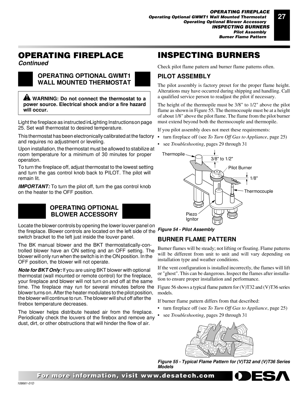 Desa (V)T32N Inspecting Burners, Operating Optional GWMT1 Wall Mounted Thermostat, Operating Optional Blower Accessory 