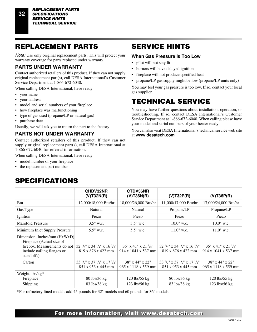 Desa CTDV36NR, (V)T32N, (V)T36N SERIES Replacement Parts, Service Hints, Technical Service, Specifications 