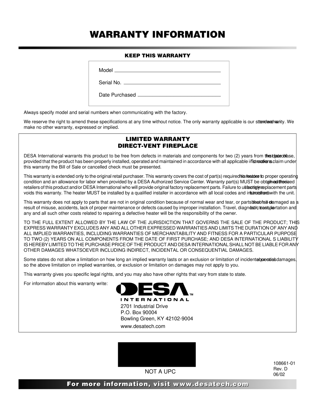 Desa CTDV36NR, (V)T32N, (V)T36N SERIES installation manual Warranty Information 