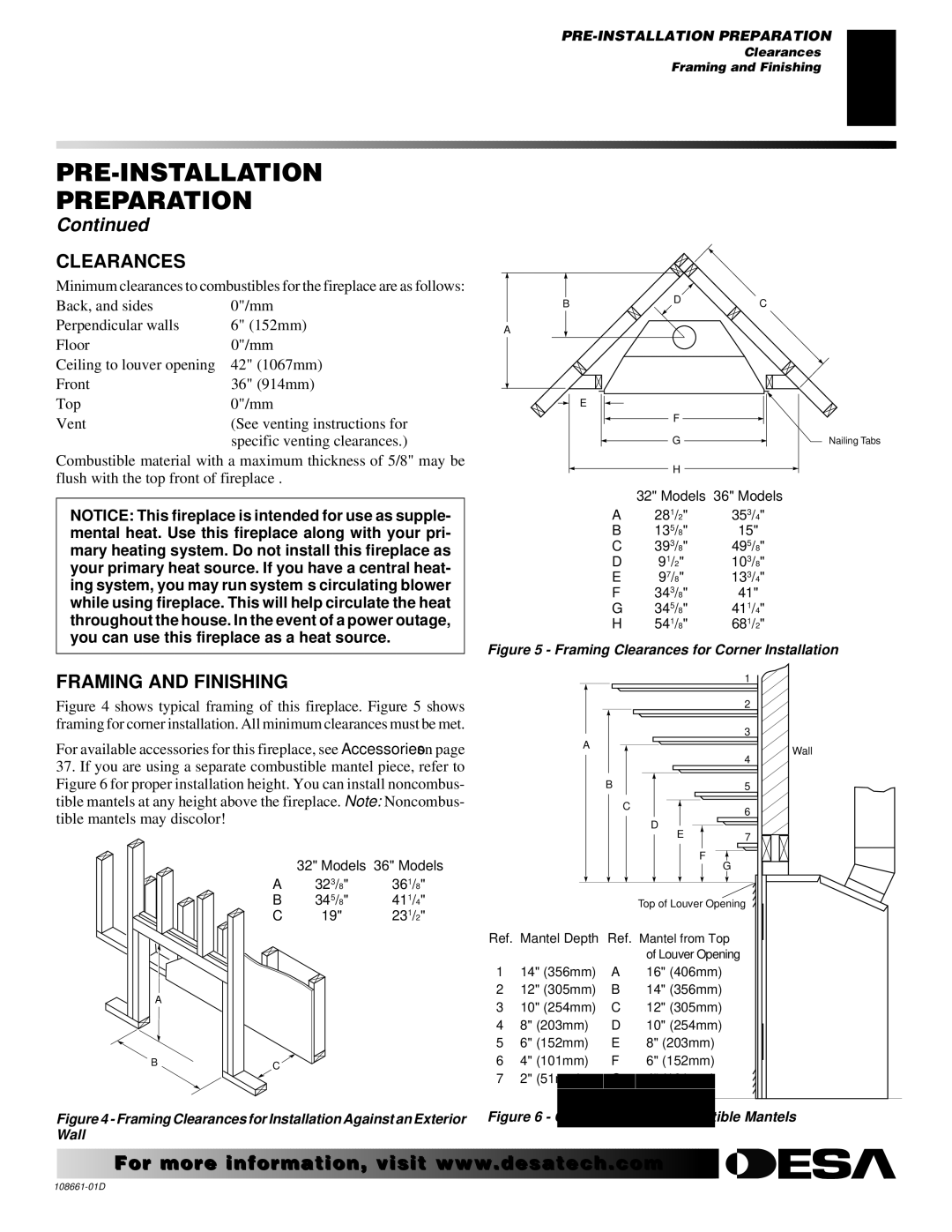 Desa CTDV36NR, (V)T32N, (V)T36N SERIES installation manual Clearances, Framing and Finishing 