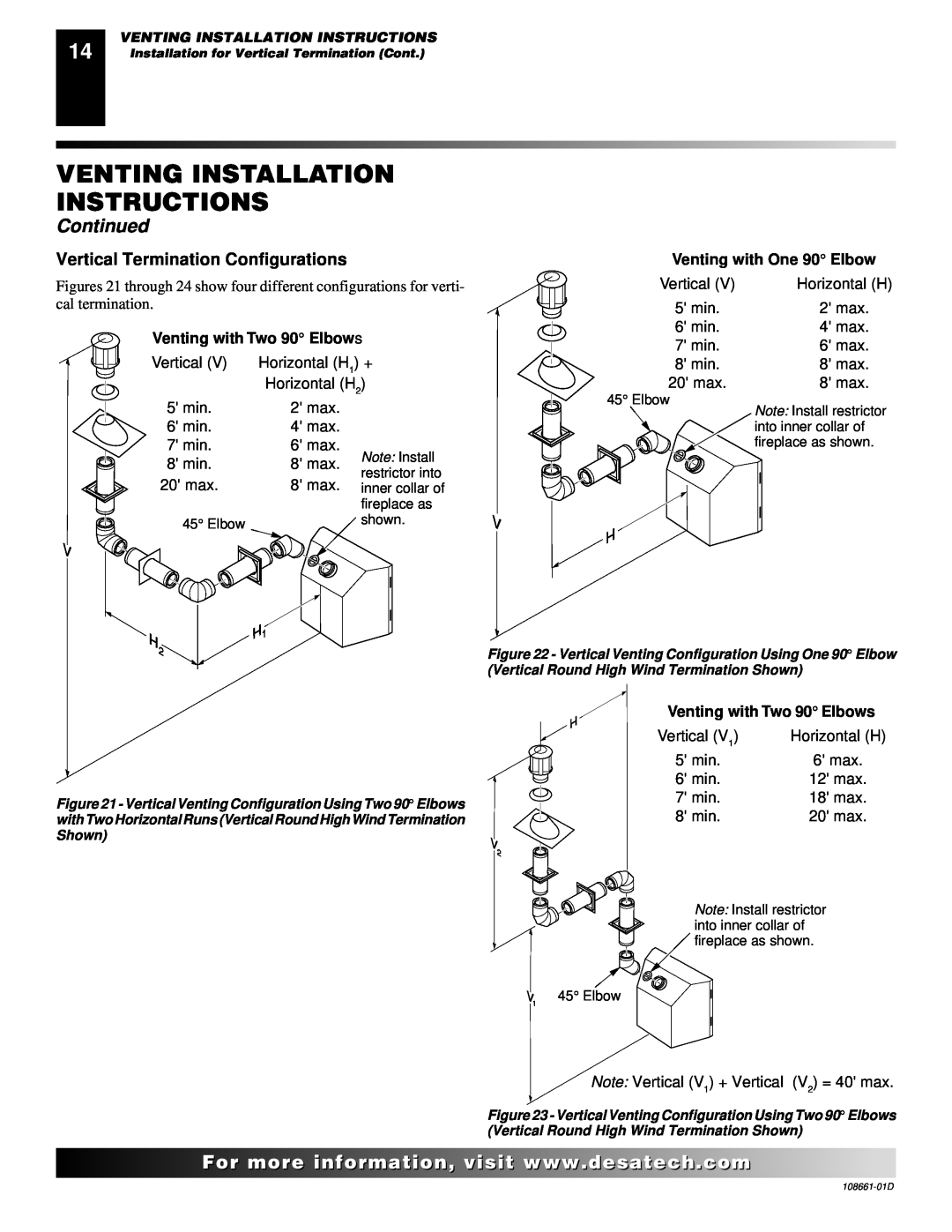 Desa CTDV36NR Venting Installation Instructions, Continued, Vertical Termination Configurations, Venting with One 90 Elbow 