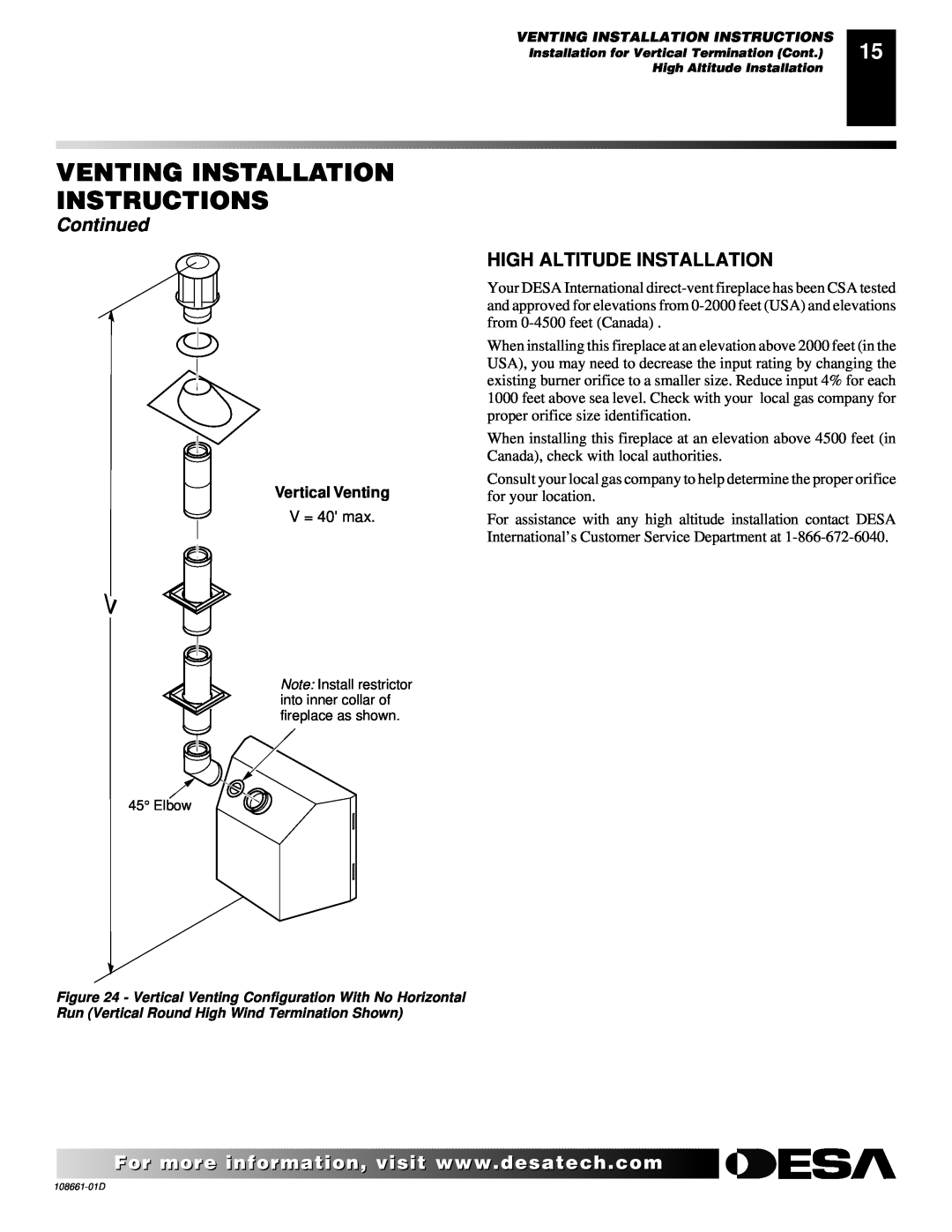 Desa (V)T32N, (V)T36N SERIES Venting Installation Instructions, Continued, High Altitude Installation, Vertical Venting 