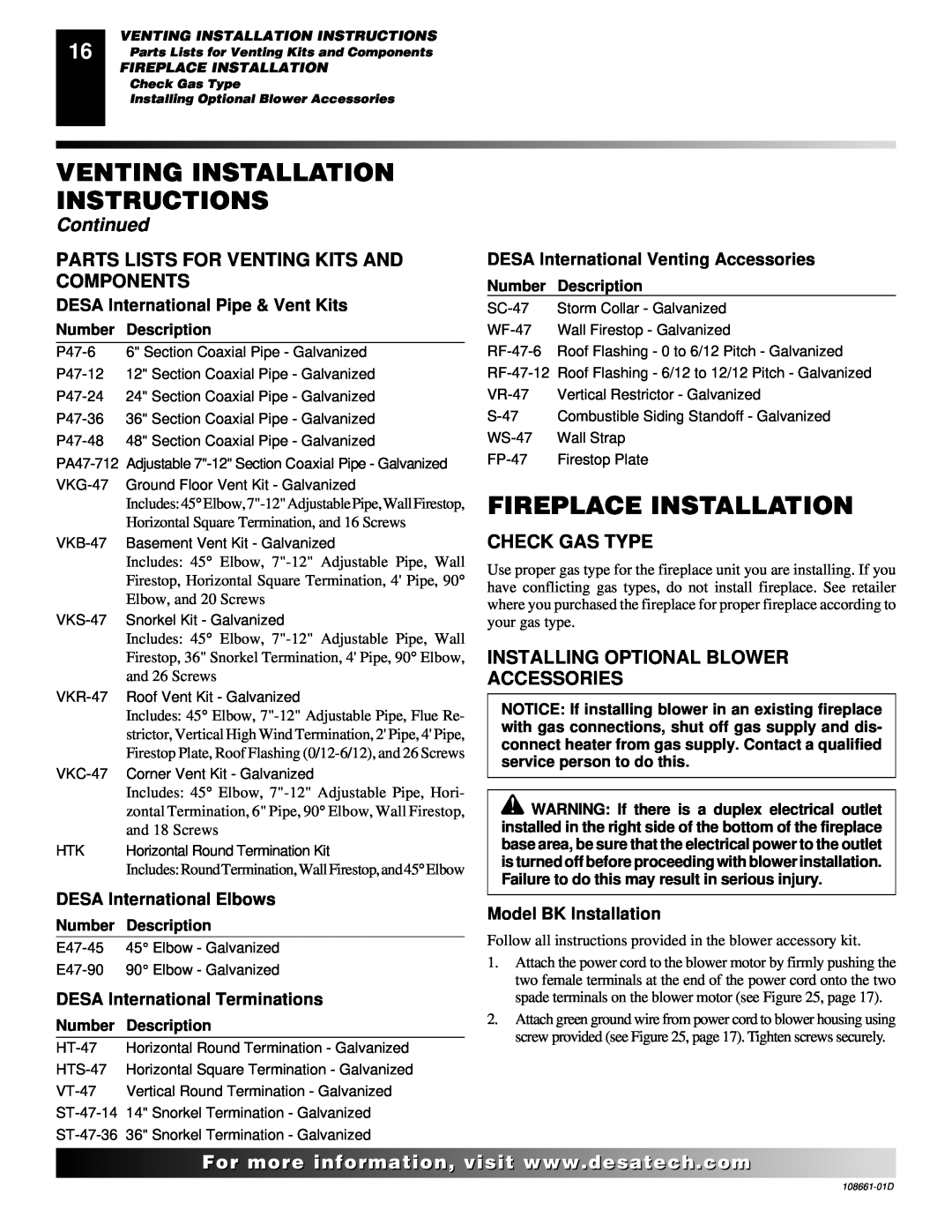 Desa (V)T36N SERIES Fireplace Installation, Venting Installation Instructions, Continued, DESA International Elbows 
