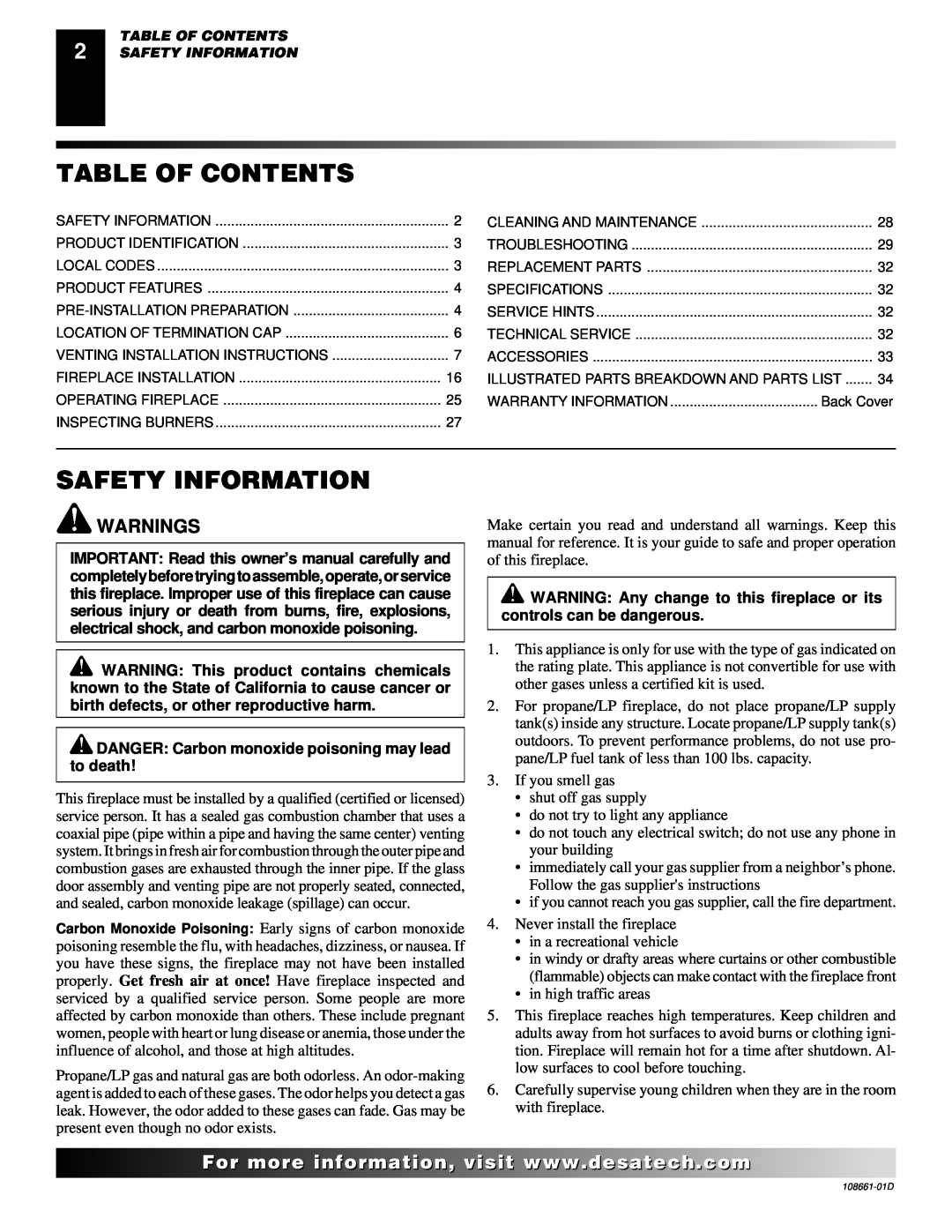 Desa CTDV36NR, (V)T32N, (V)T36N SERIES installation manual Table Of Contents, Safety Information 