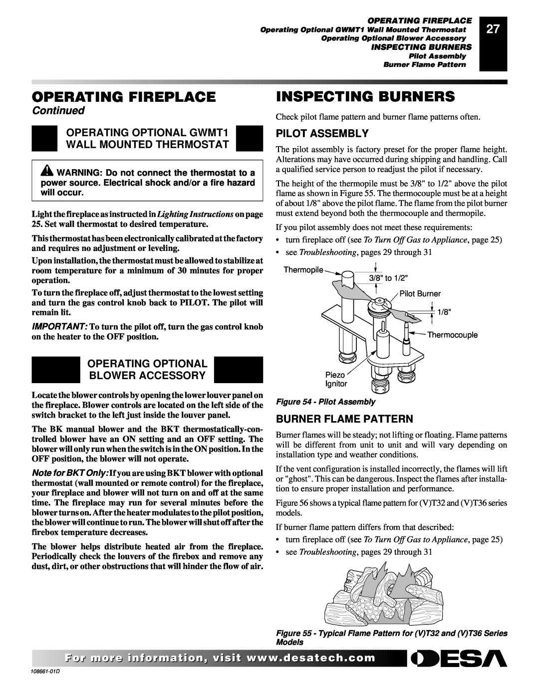 Desa (V)T32N Inspecting Burners, Operating Fireplace, Continued, OPERATING OPTIONAL GWMT1 WALL MOUNTED THERMOSTAT 