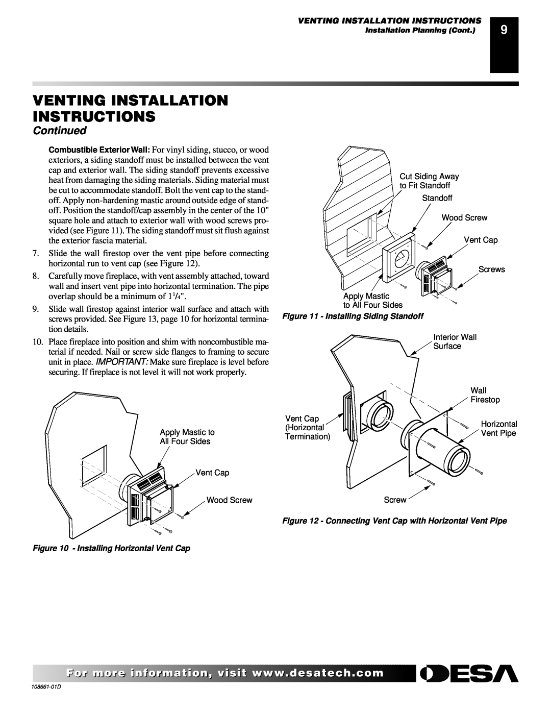 Desa (V)T32N Venting Installation Instructions, Continued, Installing Horizontal Vent Cap, Installing Siding Standoff 