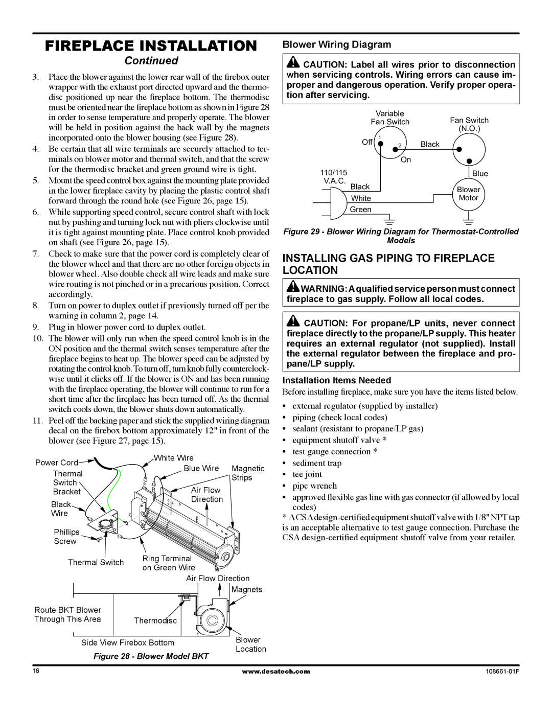 Desa (V)T36P SERIES, (V)T32P Installing Gas Piping to Fireplace Location, Blower Wiring Diagram, Installation Items Needed 