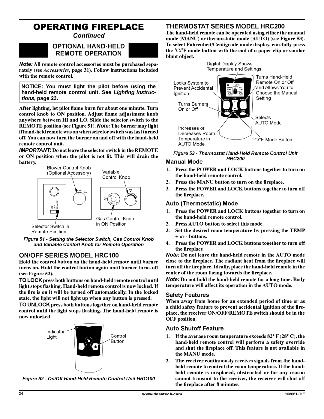 Desa (V)T32P, CHDV32NR OpTIONAL Hand-Held, Remote Operation, Thermostat Series Model HRC200, On/Off Series Model HRC100 