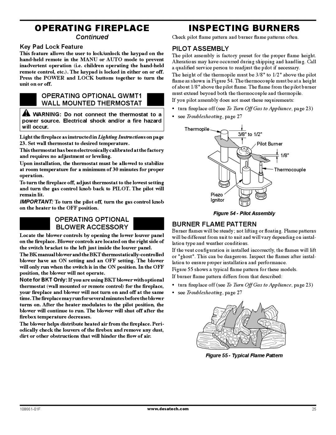 Desa (V)T36P SERIES, (V)T32P, CHDV32NR Inspecting Burners, Operating optional GWMT1 Wall Mounted Thermostat, Pilot assembly 