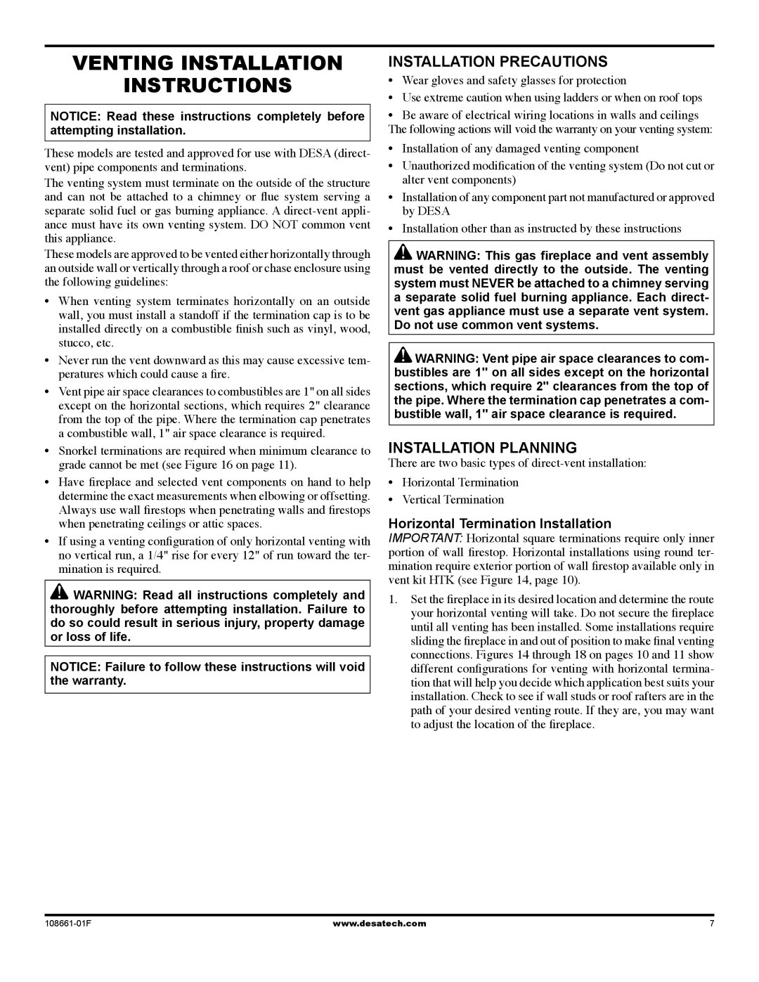 Desa (V)T36P SERIES, (V)T32P, CHDV32NR Venting Installation Instructions, Installation Precautions, Installation Planning 