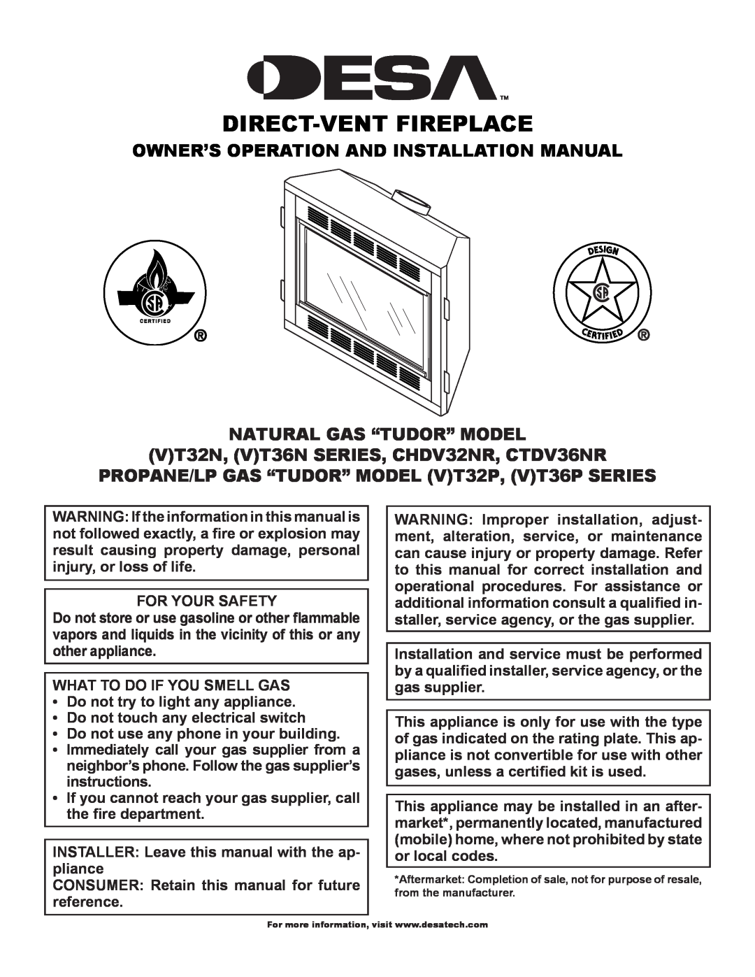 Desa (V)T36P SERIES, (V)T32P installation manual Owner’S Operation And Installation Manual, Natural Gas “Tudor” Model 
