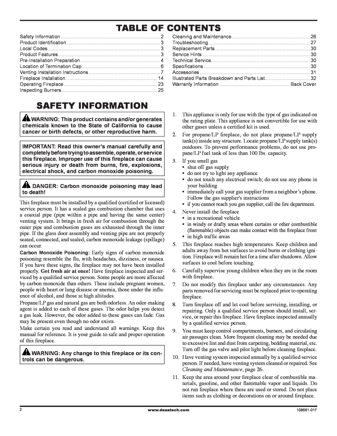 Desa CHDV32NR, (V)T32P, (V)T36P SERIES Table of Contents, Safety Information, Cleaning and Maintenance, page 