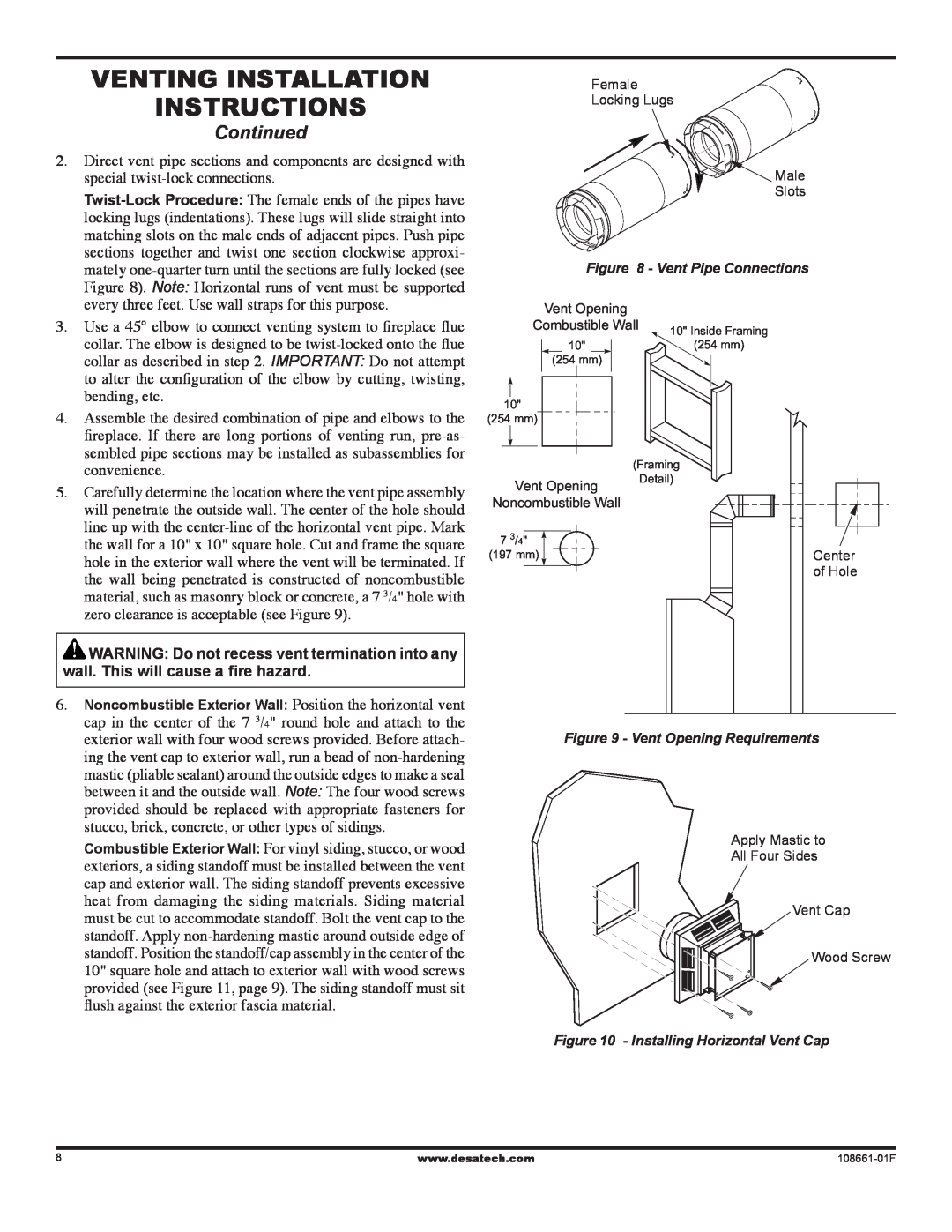 Desa CHDV32NR, (V)T32P Venting Installation instructions, Continued, Vent Pipe Connections, Vent Opening Requirements 