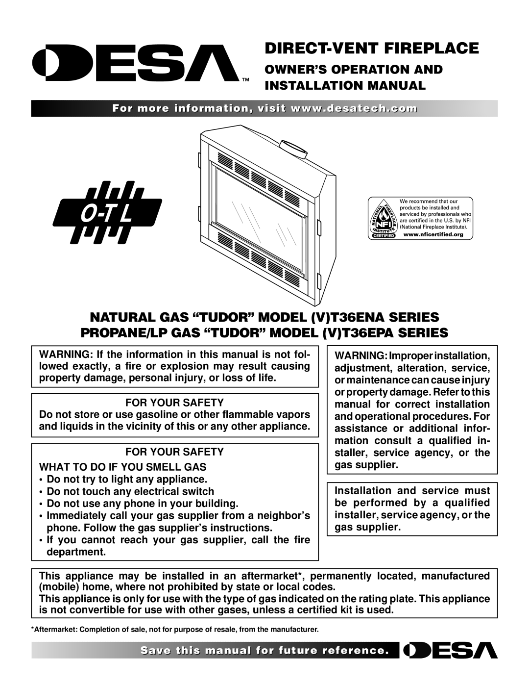 Desa (V)T36ENA installation manual For Your Safety What to do if YOU Smell GAS 