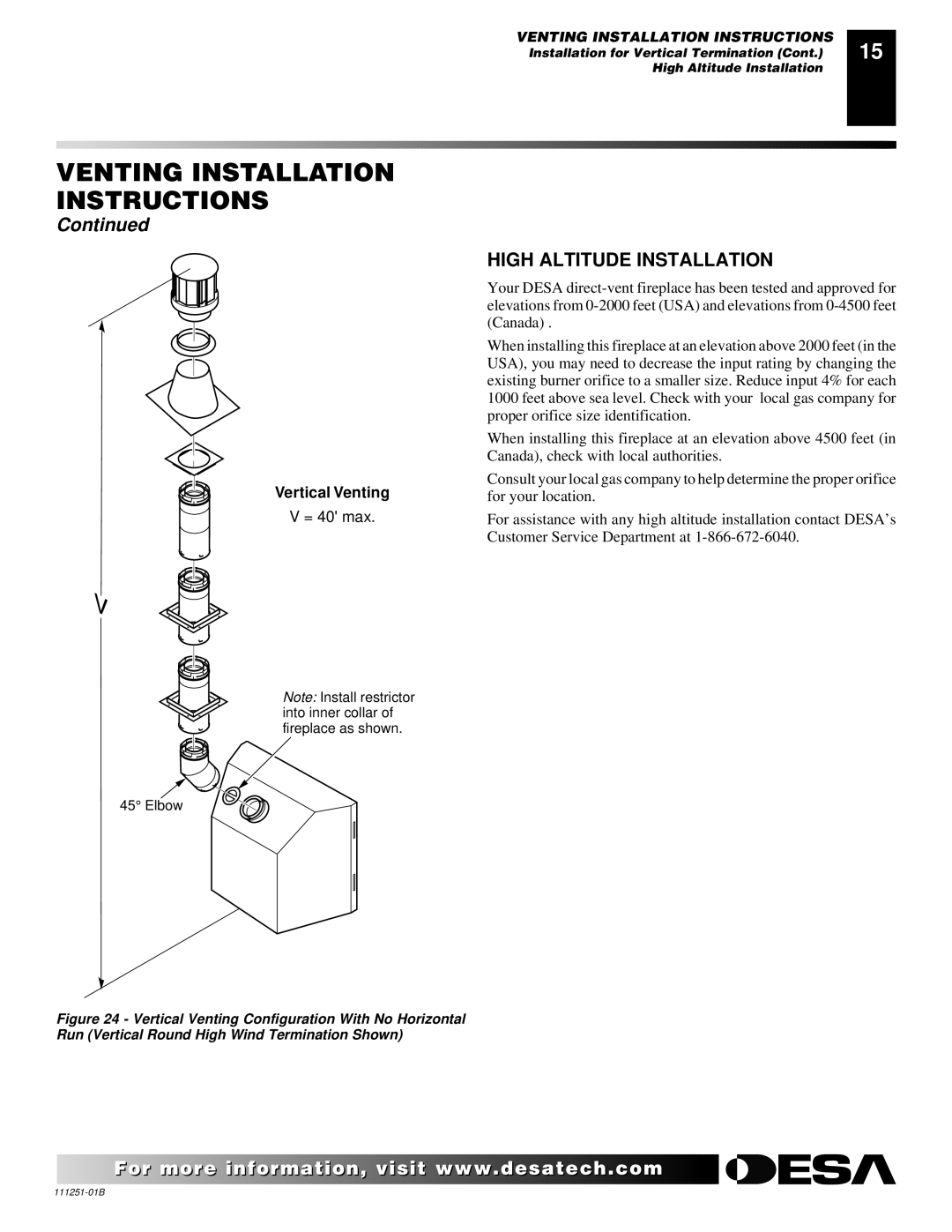 Desa (V)T36ENA installation manual High Altitude Installation, Vertical Venting 