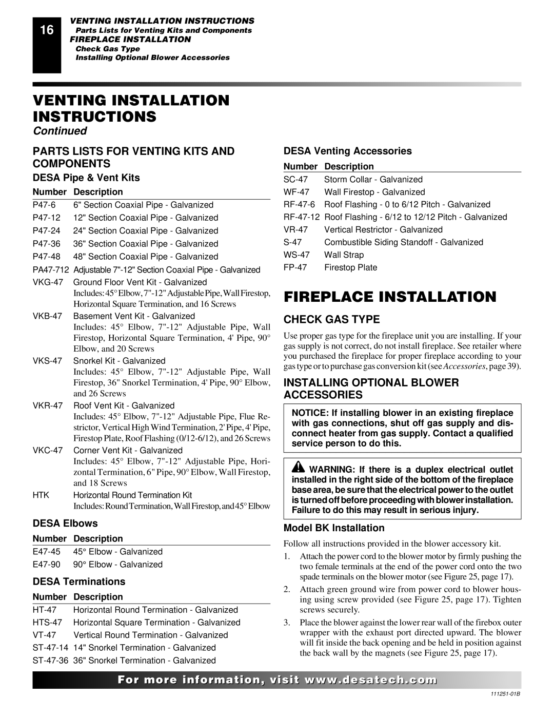 Desa (V)T36ENA installation manual Fireplace Installation, Parts Lists for Venting Kits and Components, Check GAS Type 