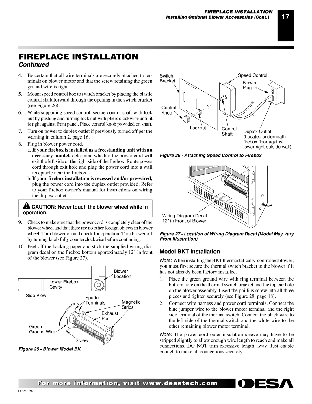 Desa (V)T36ENA installation manual Model BKT Installation, Blower Model BK 