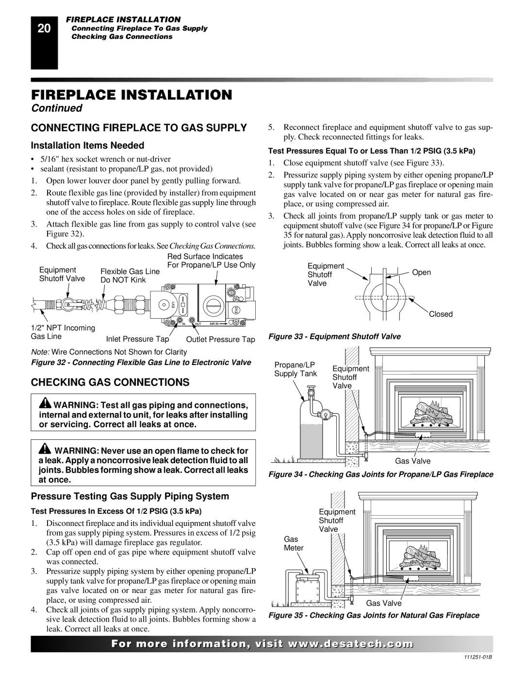 Desa (V)T36ENA installation manual Connecting Fireplace to GAS Supply, Checking GAS Connections, Installation Items Needed 