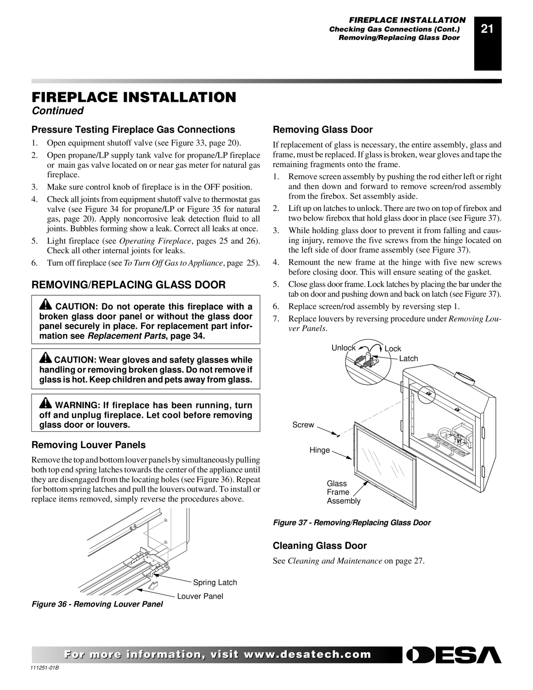 Desa (V)T36ENA REMOVING/REPLACING Glass Door, Pressure Testing Fireplace Gas Connections, Removing Louver Panels 