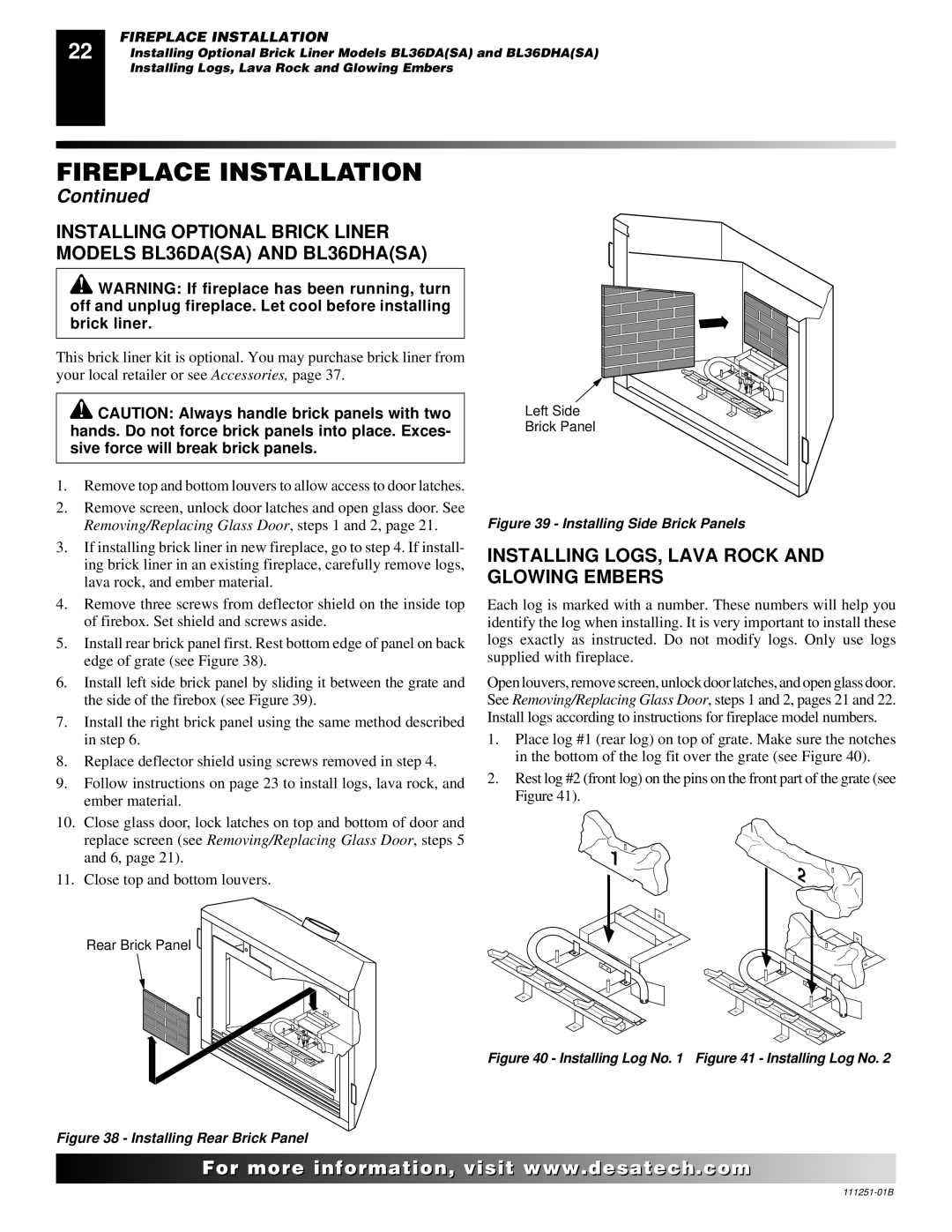 Desa (V)T36ENA installation manual Installing LOGS, Lava Rock and Glowing Embers, Installing Side Brick Panels 