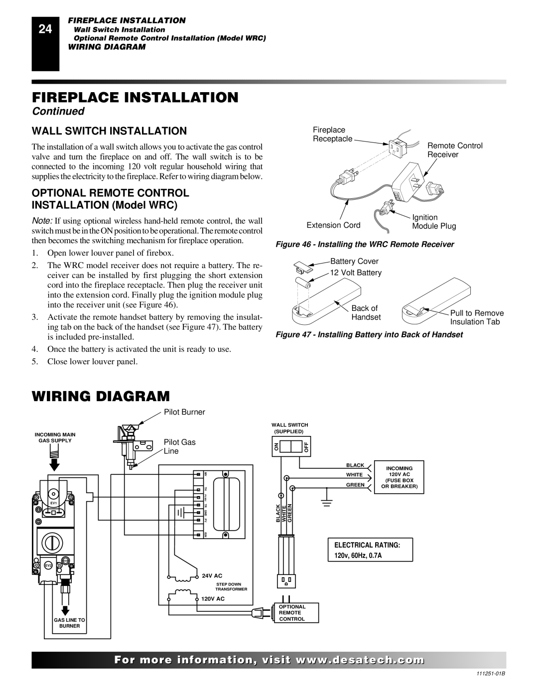 Desa (V)T36ENA installation manual Wiring Diagram, Wall Switch Installation, Optional Remote Control 