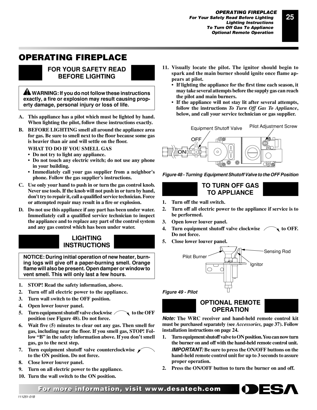 Desa (V)T36ENA Operating Fireplace, For Your Safety Read Before Lighting, Lighting Instructions, Optional Remote Operation 