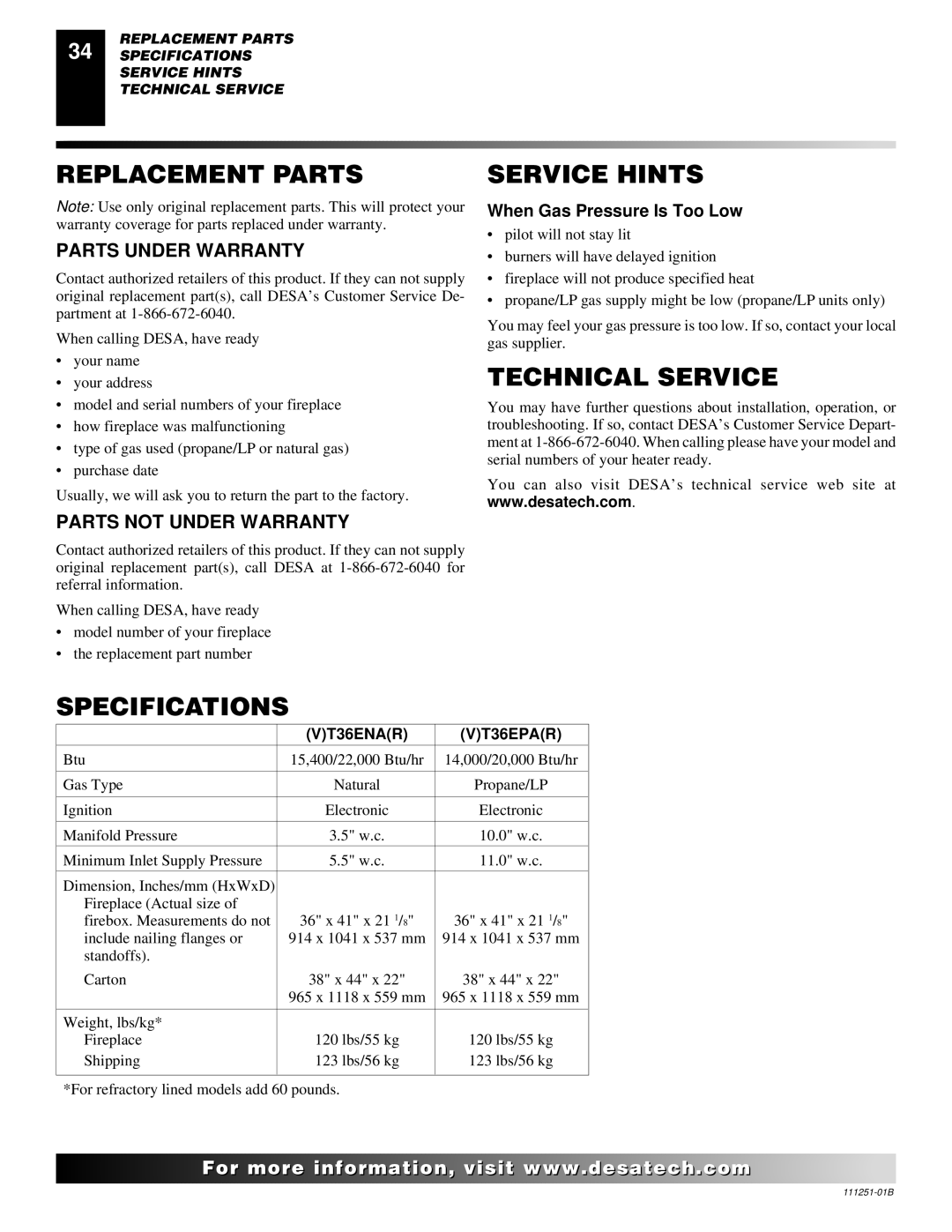 Desa (V)T36ENA installation manual Replacement Parts, Service Hints, Technical Service, Specifications 