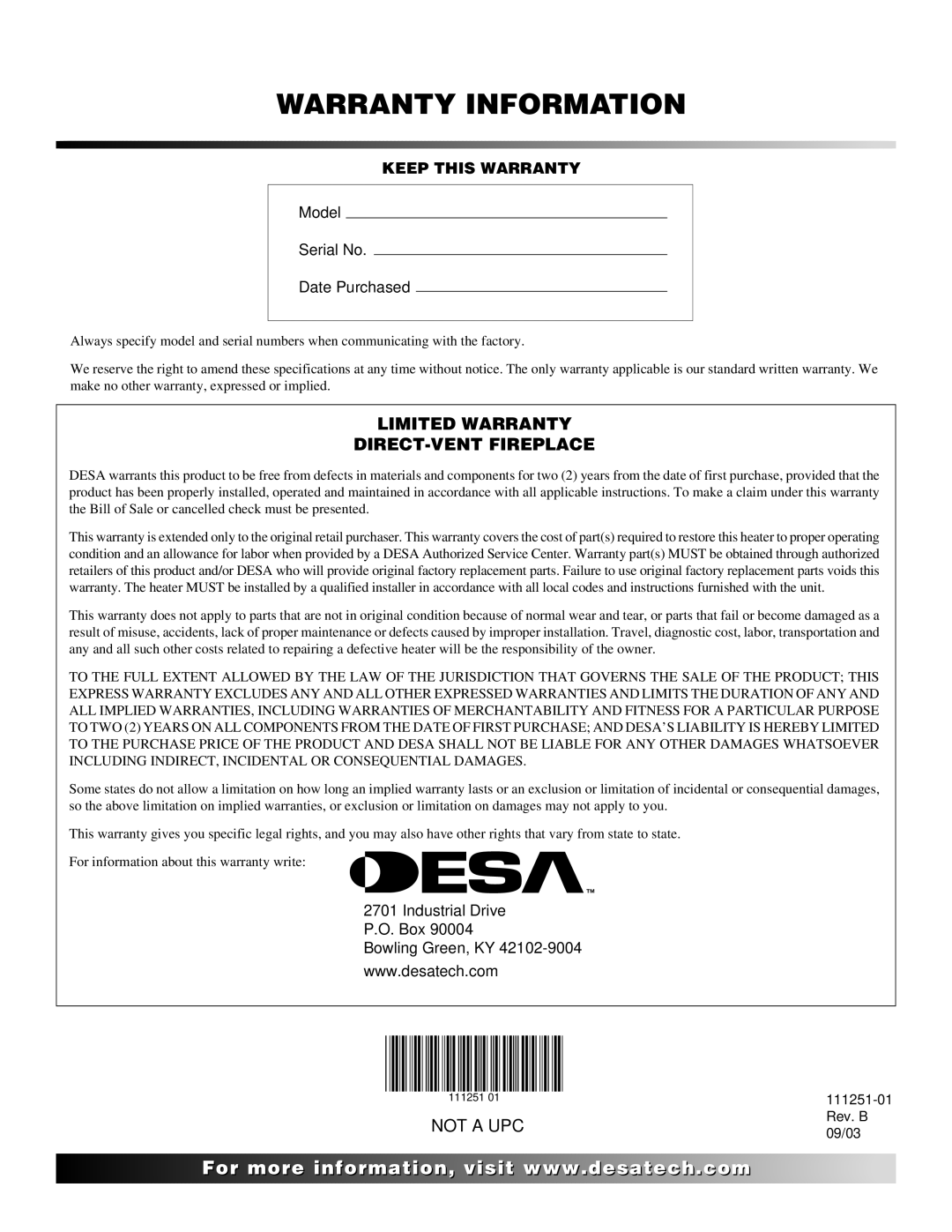 Desa (V)T36ENA installation manual Warranty Information 