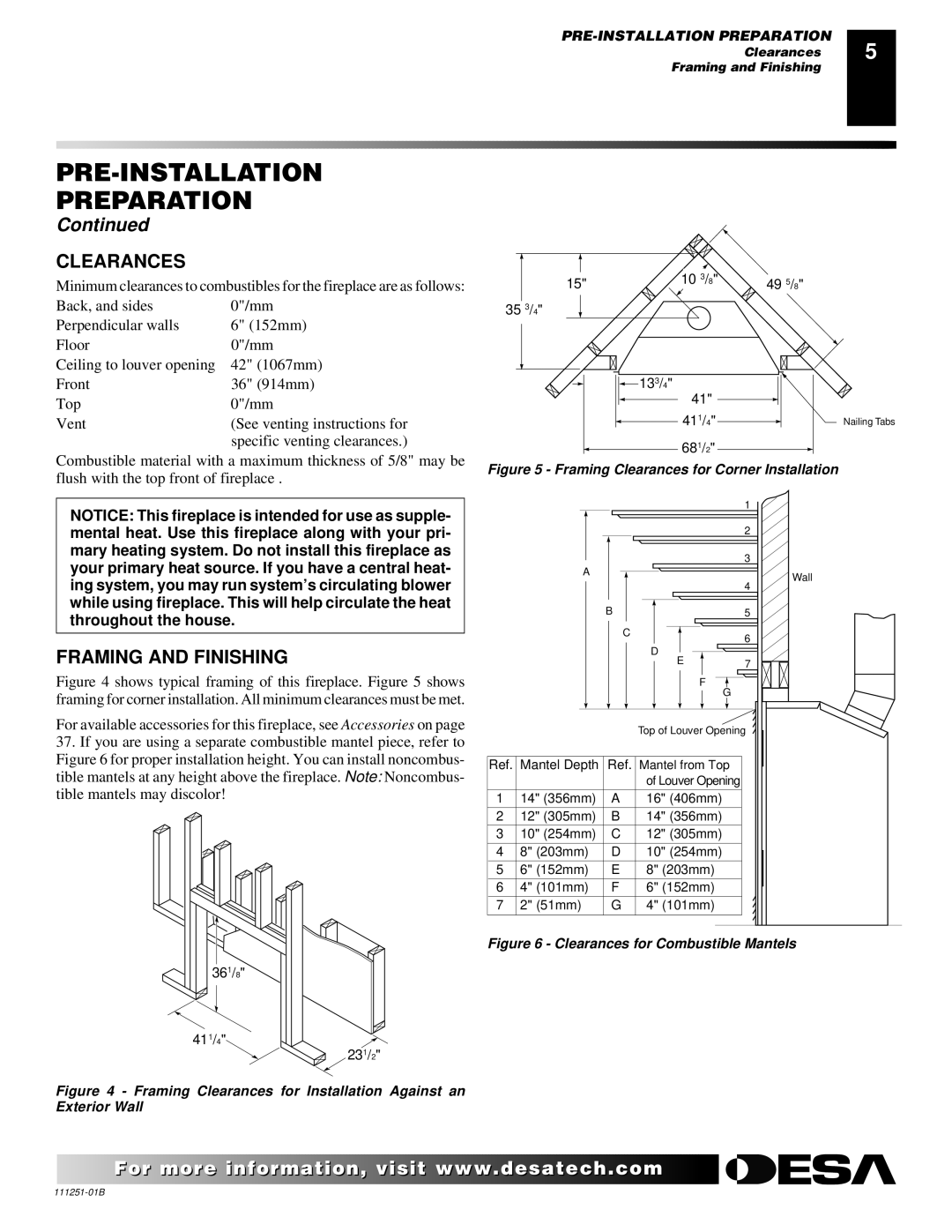 Desa (V)T36ENA installation manual Clearances, Framing and Finishing 