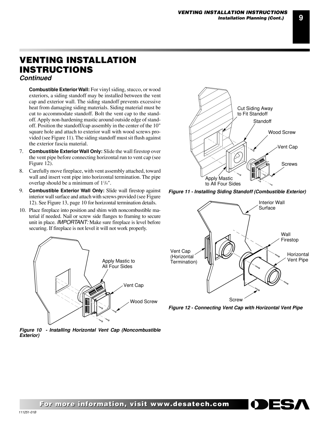 Desa (V)T36ENA installation manual Installing Horizontal Vent Cap Noncombustible Exterior 