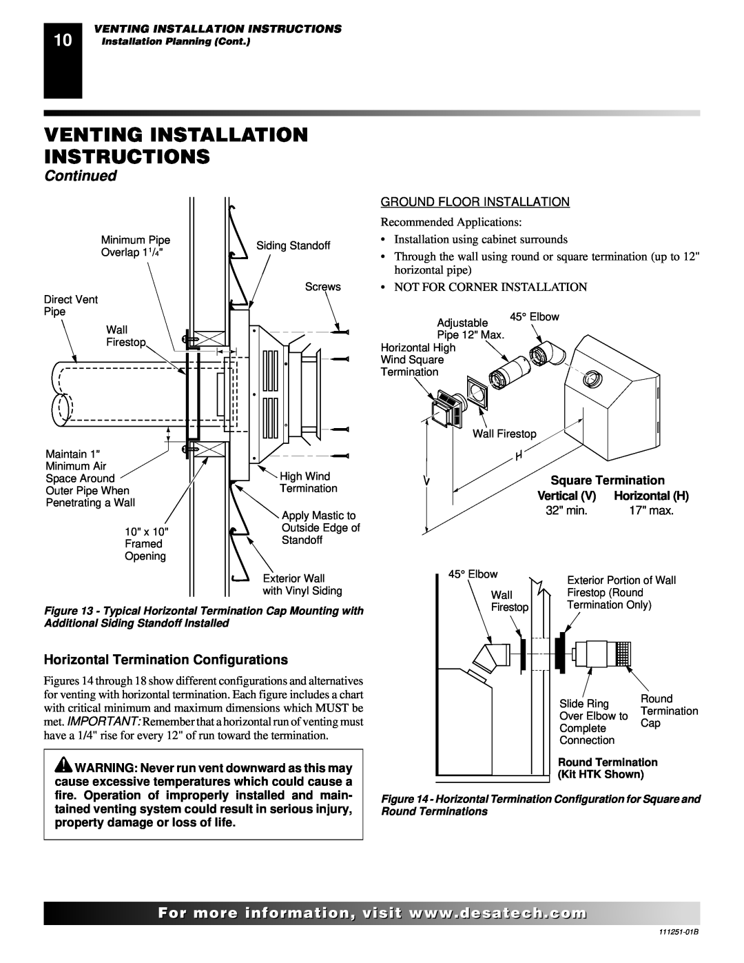 Desa (V)T36ENA Venting Installation Instructions, Continued, Horizontal Termination Configurations, Vertical, Horizontal H 