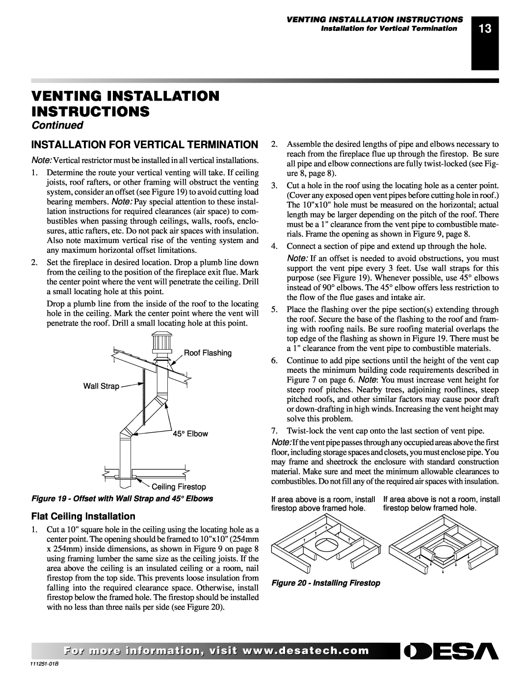 Desa (V)T36ENA installation manual Venting Installation Instructions, Continued, Installation For Vertical Termination 