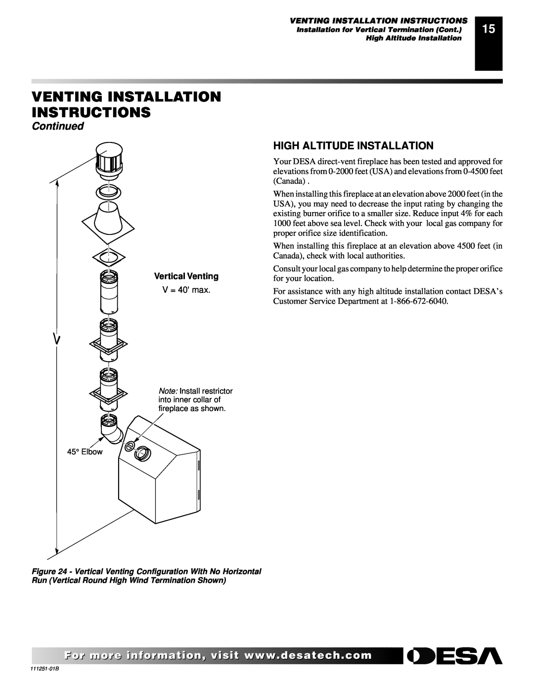 Desa (V)T36ENA Venting Installation Instructions, Continued, High Altitude Installation, Vertical Venting 