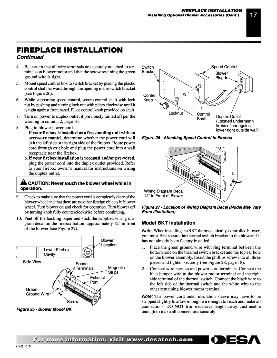 Desa (V)T36ENA installation manual Fireplace Installation, Continued, Model BKT Installation 