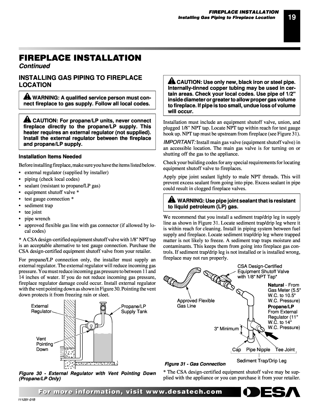 Desa (V)T36ENA installation manual Fireplace Installation, Continued, Installing Gas Piping To Fireplace Location 