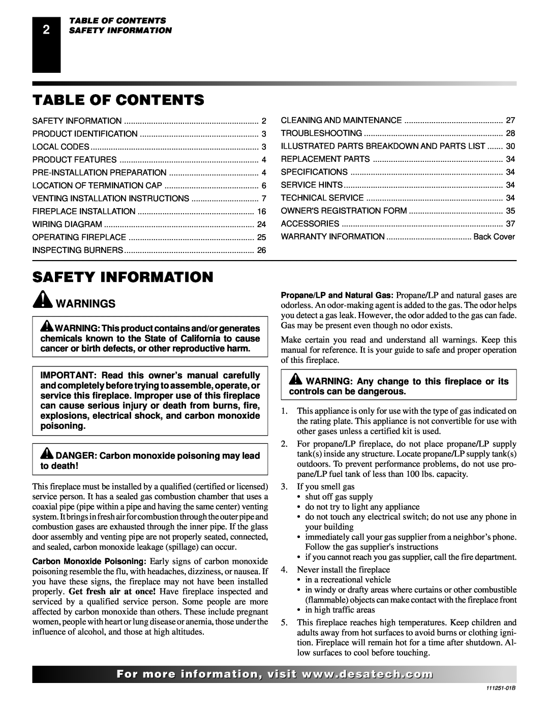 Desa (V)T36ENA installation manual Table Of Contents, Safety Information, Warnings 